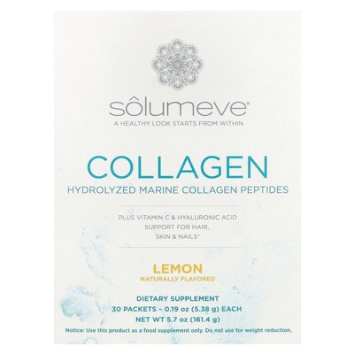 Solumeve Marine Collagen Peptides Plus Vitamin C and Hyaluronic Acid, Lemon, 30 Packets, 0.19 oz (5.38 g) Each
