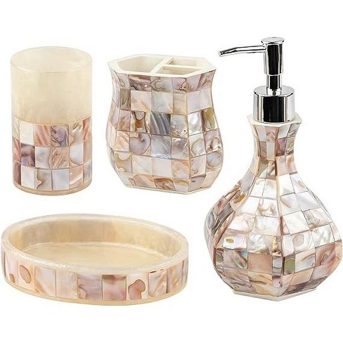 Creative Scents Bathroom Accessories Set 4-Piece Silver Mosaic Glass Luxury Bathroom Gift Set Includes Soap Dispenser Toothbrush Holder Tumbler