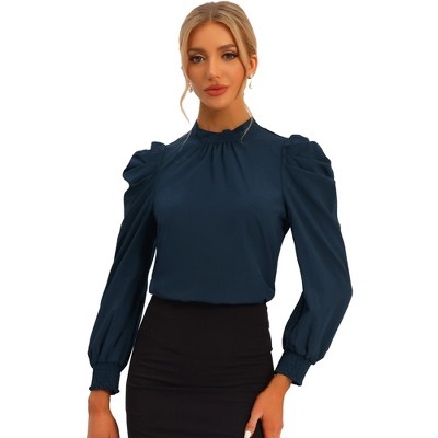 Allegra K Women's Elegant Mock Neck Tie Back Puff Sleeve Office Blouses