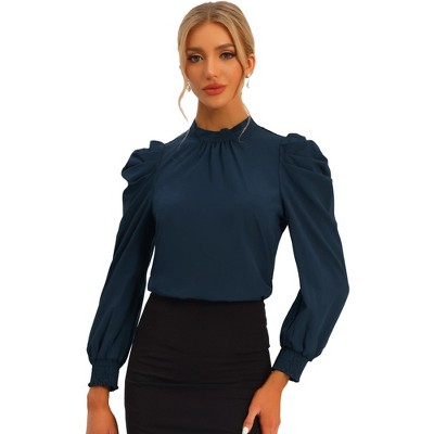 Allegra K Women's Elegant Stand Collar Tie Back Puff Sleeve Office ...