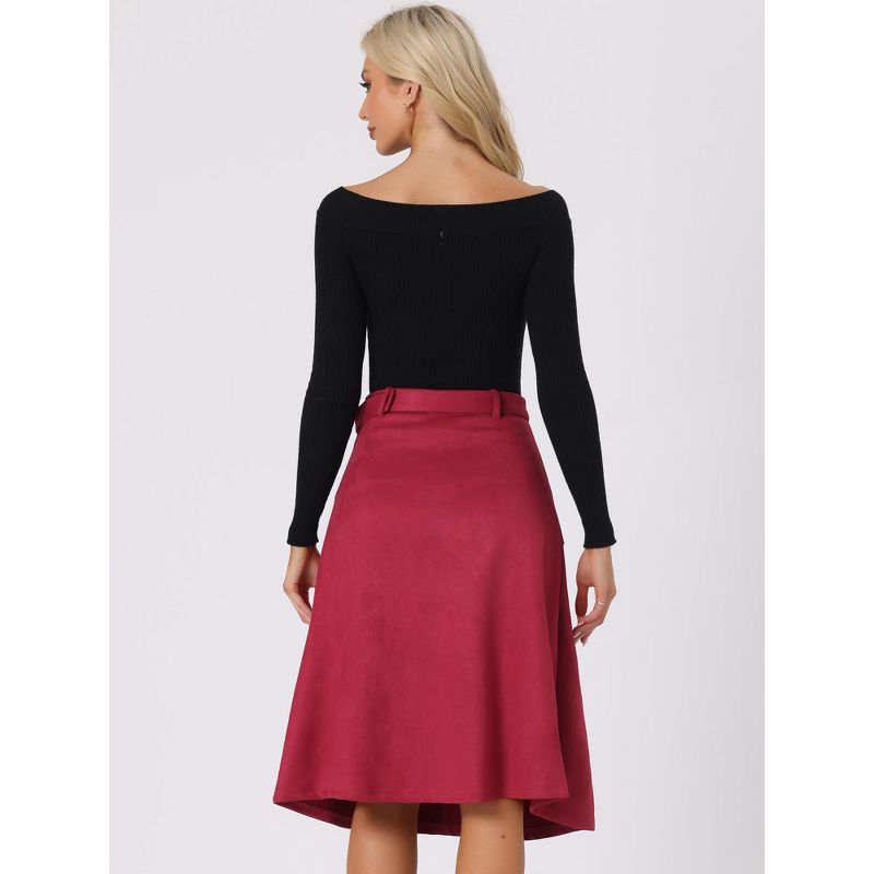 Allegra K Women's Casual Faux Suede Pockets Stretch A-line Midi Skirt with Belt, 4 of 6