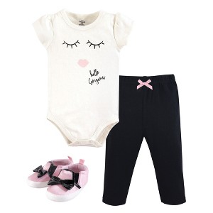 Little Treasure Baby Girls Cotton Bodysuit, Pant and Shoe 3pc Set, Hello Gorgeous - 1 of 1