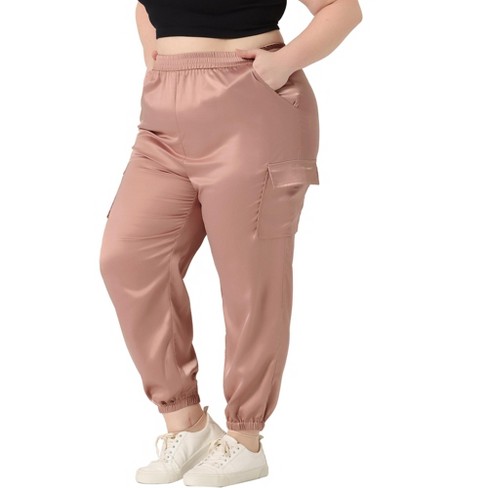 Agnes Orinda Women's Plus Size Cargo Elastic Waist Athleisure Ankle Length  Satin Joggers Pant Pink 2x : Target