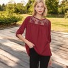 Anna-Kaci Women's 3/4 Sleeve Loose Fit Top with Sheer Floral Lace Yoke and Button Tab Sleeves - 2 of 4