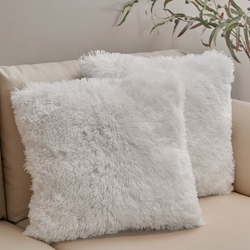 Cheer Collection Set of 2 Shaggy Long Hair Throw Pillows - White - 18 x 18 in