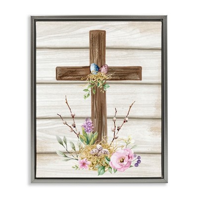 Stupell Industries Spiritual Easter Cross Spring Blossoms Black Framed Floater Canvas Wall Art