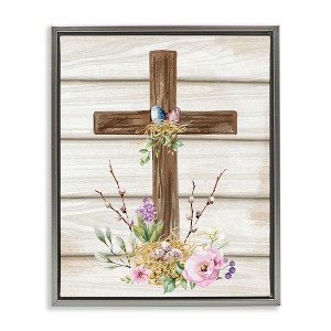 Stupell Industries Spiritual Easter Cross Spring Blossoms Black Framed Floater Canvas Wall Art - 1 of 4