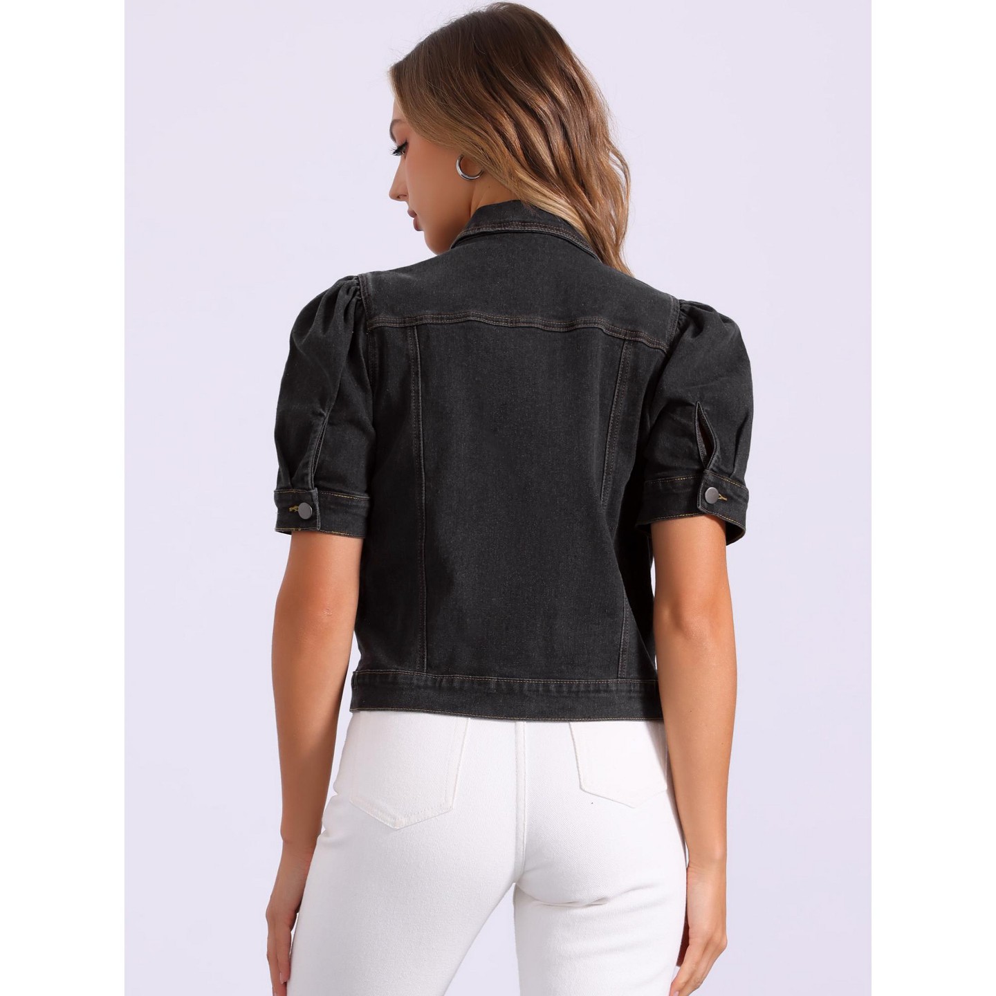 Женская куртка INSPIRE CHIC Casual Short Puff Sleeves Button Down Jean Denim Jacket Large Black, цвет: Джинсовый — фото 4