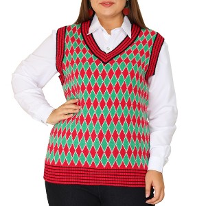Agnes Orinda Women's Plus Size Argyle V Neck Knit Sleeveless Sweaters - 1 of 4