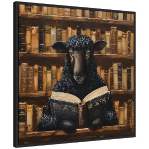Kate & Laurel All Things Decor 30"x30" Sylvie Sheep Reading Vintage Library Framed Canvas by The Creative Bunch Studio Black - 1 of 4