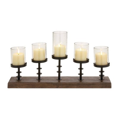 24" x 13" Farmhouse Mango Wood/Iron Five Light Votive Candle Holder Brown - Olivia & May