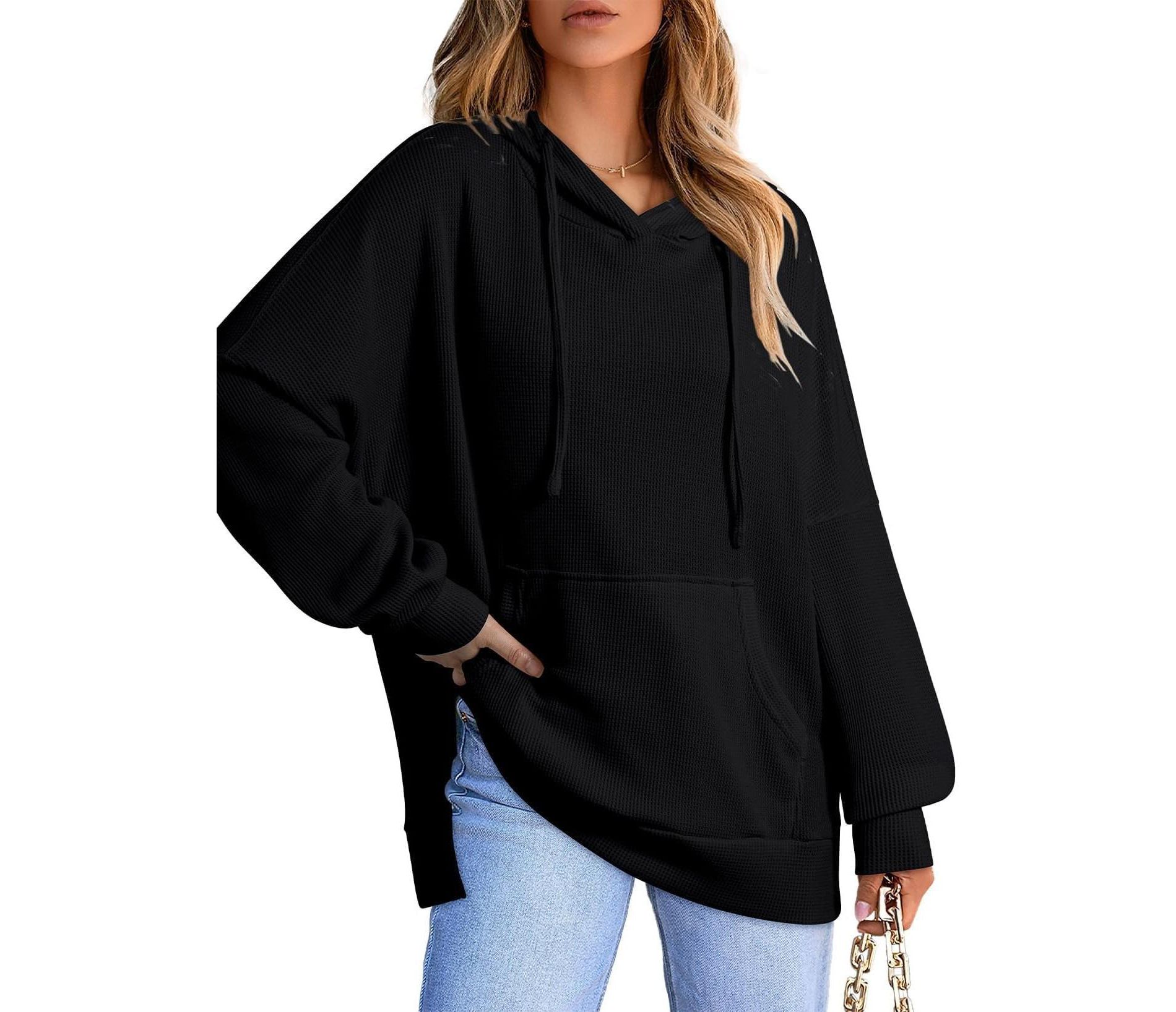 Oversized Hoodies for Women Casual Long Sleeve Waffle Knit Drawstring Side Slit Pullover Sweatshirts with Pocket