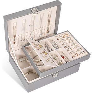 2-Layer Pink PU Leather Jewelry Box, Vintage Organizer with Removable Tray for Necklaces, Earrings, Rings, Bracelets - 1 of 4