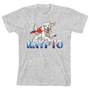 Superman Movie 2025 Krypto with Masked City Scape, White Dog with Red Cape Flying on Athletic Heather Kids T-Shirt - 1 of 3