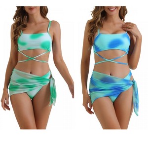 INSPIRE CHIC Women's Adjustable Spaghetti Straps Strappy Triangle Bottoms with Mesh Skirt Bathing Bikini Suit 2 Sets - 1 of 4