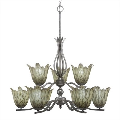 Toltec Lighting Revo 9 - Light Chandelier in  Aged Silver with 7" Vanilla Leaf Shade