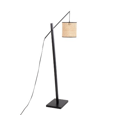 Arturo Black Wood and Steel Floor Lamp with Rattan Shade