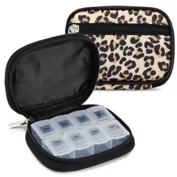 Wellbrite 2 Pack 7-Day Weekly Medication Pill Organizer, 8-Compartment Medicine Travel Case, Leopard Animal Print, 4 x 2.7 x 1 In