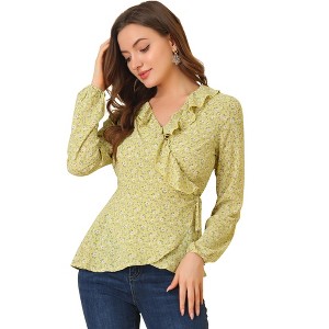 INSPIRE CHIC Women's Floral Print V Neck Tie Waist Ruffle Neck Chiffon Wrap Shirt - 1 of 4