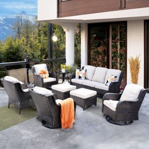 Ovios Orlando 8pc Brown Wicker Outdoor Patio Furniture Conversation Sofa Set with Swivel Chairs and Cushions - 1 of 4