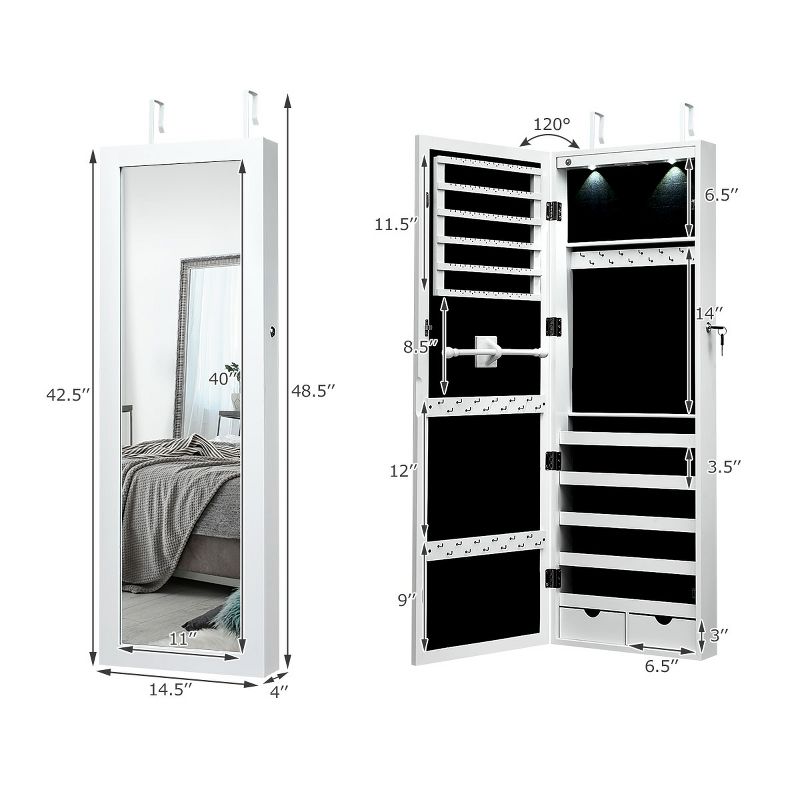 Tangkula Lockable Wall Door Mount Mirrored Cabinet Jewelry Organizer w/ LED Lights, 3 of 8