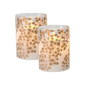 Lumabase 2ct Battery Operated LED Glass Candles with Moving Flame Gold Fern - 1 of 4