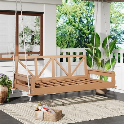 GDFStudio Joe Patio Acacia Wood Twin Size Porch Swing Bed with 16.4ft Hemp Ropes