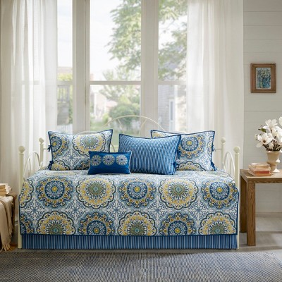 6Pcs Daybed Cover Set Quilted Reversible Medallion Print with Embroidery and Striped Reverses Polyester Cotton Blend