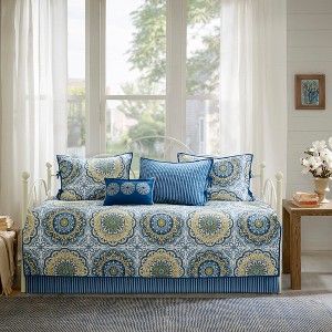 6Pcs Daybed Cover Set Quilted Reversible Medallion Print with Embroidery and Striped Reverses Polyester Cotton Blend - 1 of 4