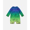 Deux par Deux Boy Printed Long Sleeve One-Piece Rashguard Vibrant Blue and Green Dino - 4 of 4