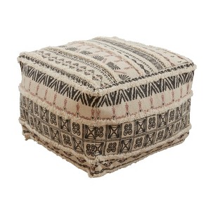 Saro Lifestyle Printed + Tufted Pouf, 20"x20"x14" Square, Natural - 1 of 3
