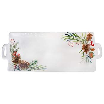 AuldHome Design Christmas Greenery Ceramic Platter; Rectangular Holiday Decorative Serving Tray