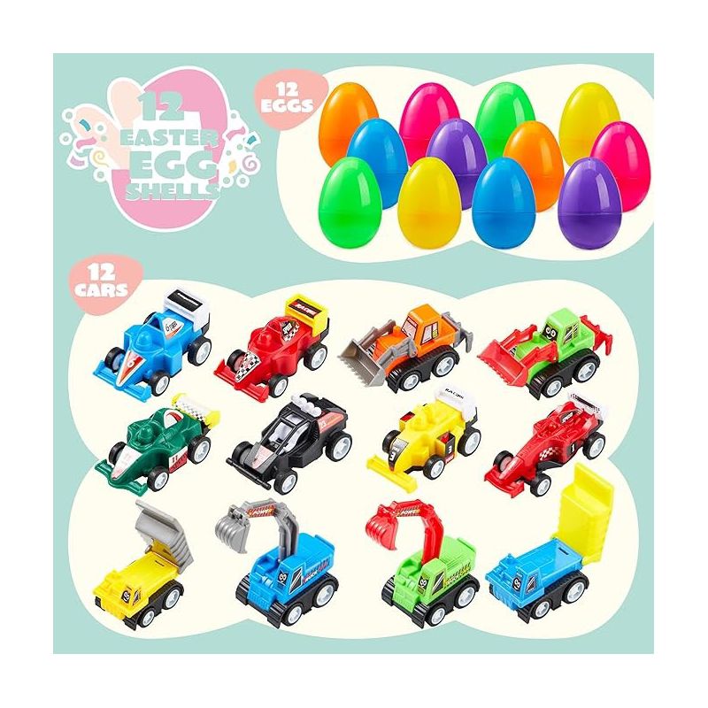 Joyin 24 Pcs Toy Filled Easter Eggs(12 Cars and 12 Eggs),Easter Eggs with Toys Inside,Birthday Party Favors for Boys and Girls,Basket Stuffers, 2 of 9