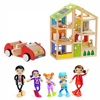 Hape All Season 6 Room Furnished Kids Children Preschool Dollhouse Bundle with Modern Family of 5 Wooden Bendable Posable Toy Doll Set and Toy Car