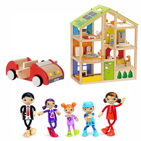 Converteren Interpretatie Moeras Hape All Season 6 Room Furnished Kids Children Preschool Dollhouse Bundle  With Modern Family Of 5 Wooden Bendable Posable Toy Doll Set And Toy Car :  Target