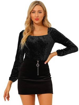 INSPIRE CHIC Women's Velvet Long Sleeve Square Neck Blouse