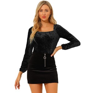 INSPIRE CHIC Women's Velvet Long Sleeve Square Neck Blouse - 1 of 4