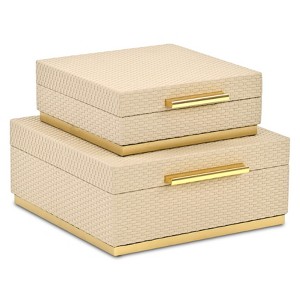 HomeRoots Set of Two Taupe And Gold Square Nesting Decorative Storage Boxes With Lids - 1 of 4