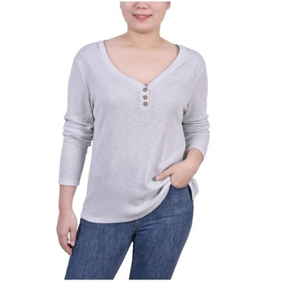 NY Collection Womens Ribbed Henley Shirt
