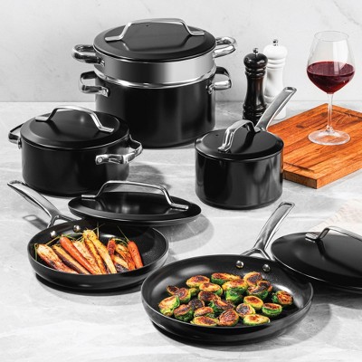 Modern Black 11-Piece Aluminum and Stainless Steel Nonstick Cookware Set