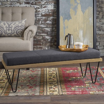 Airsurfer Modern Industrial Upholstered Bench with Hairpin Metal Legs, Wood Frame & Charcoal Cushion for Living Room, Entryway or Bedroom