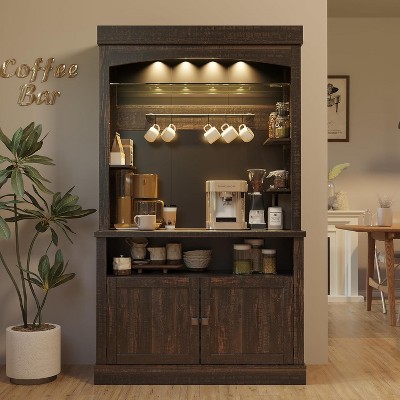 Acekool 72" Farmhouse Pantry Cabinet - Coffee Bar Station with 3-Color LED Lights, Ample Storage & S-Hooks for Kitchen, Dining Room