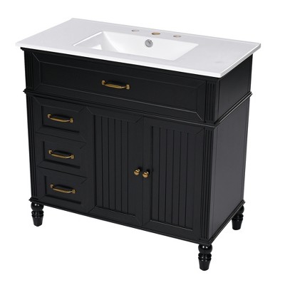 Vynxaria 36" Bathroom Vanities Matte Black Vanity Dresser with Dual Doors Dual Drawers 34.4"H