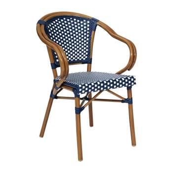 Flash Furniture Bordeaux Indoor/Outdoor Commercial French Bistro Stacking Chair with Arms, PE Rattan and Bamboo Print Aluminum Frame
