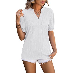 BLUEMING Womens Summer Blouse V Neck Tops with Short Lantern Sleeve Ruffle Tee Shirt Blouse Wheat Texture Tops - 1 of 4