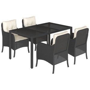 vidaXL 5 Piece Patio Dining Set - Black PE Rattan/Garden Furniture with Cushions/Tempered Glass Table - Outdoor/Backyard/Deck/Patio - 1 of 4