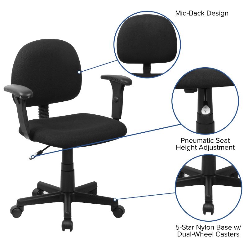 Flash Furniture Wayne Mid-Back Black Fabric Swivel Task Office Chair with Adjustable Arms, 3 of 12