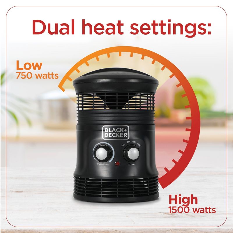 BLACK+DECKER Electric Heater, 360 Surround Portable Heater, Mini Heater with Fan & Adjustable Thermostat, 3 Settings & Manual Controls, 3 of 9