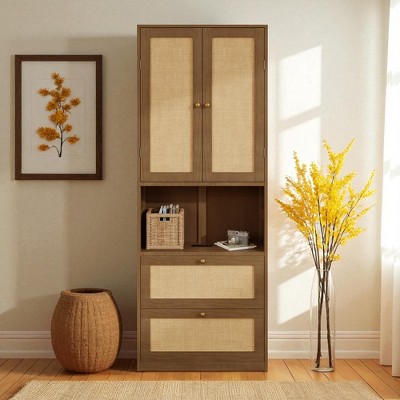 Tall Rattan Storage Cabinet with 2 Doors, 3 Drawers and Open Shelves, BookShelf, Pine Wood Storage Cabinet with USB Port for Living Room, Bedroom