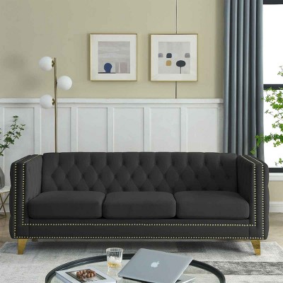 Modern Chesterfield 3-Seat Sofa, Couch with Nailhead Trim and Button Tufted Back, Velvet Sofa with Wood Frame and Metal Legs-Coolbibila